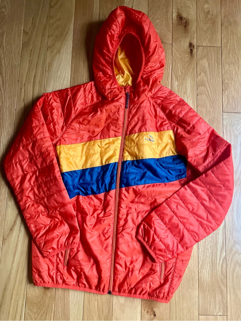 L.L. Bean Kids orange Colorblock Hooded Puffer Jacket size xl